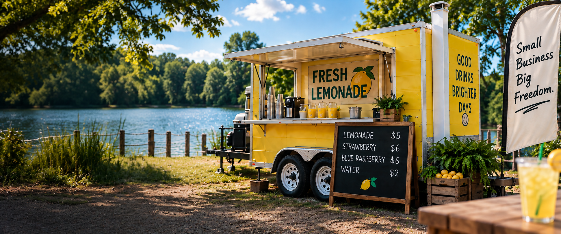 Mobile lemonade trailer beside a lake
